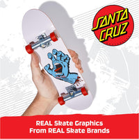 Hand holding a skateboard with a graphic design, featuring the Santa Cruz logo.