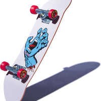 Skateboard with a graphic design of a blue hand on a white background