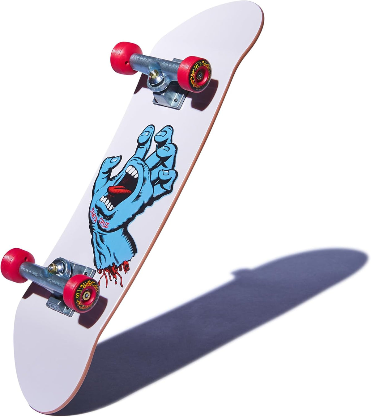 Skateboard with a graphic design of a blue hand on a white background