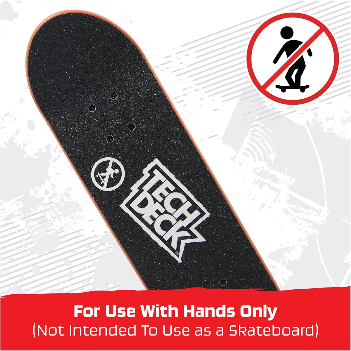 Tech Deck skateboard deck with a warning label on a white background
