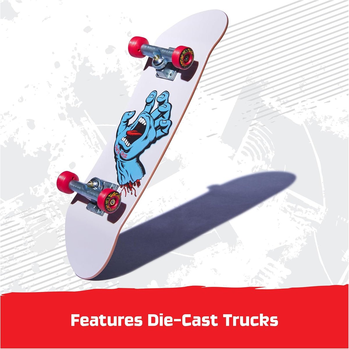 Skateboard with a graphic design on a white background