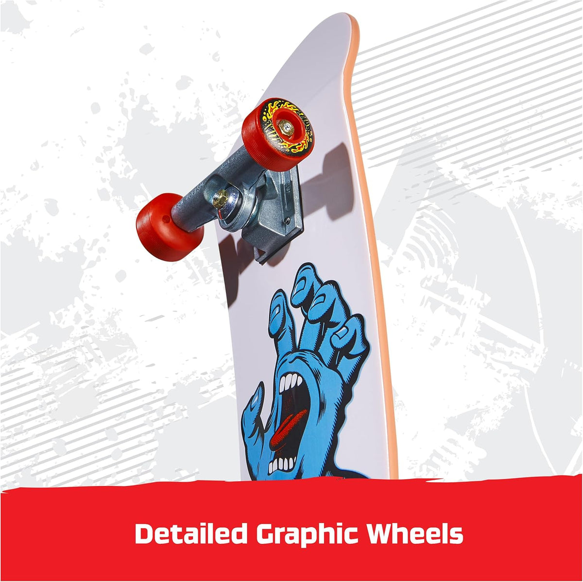 Skateboard with red wheels and a graphic design on a white background