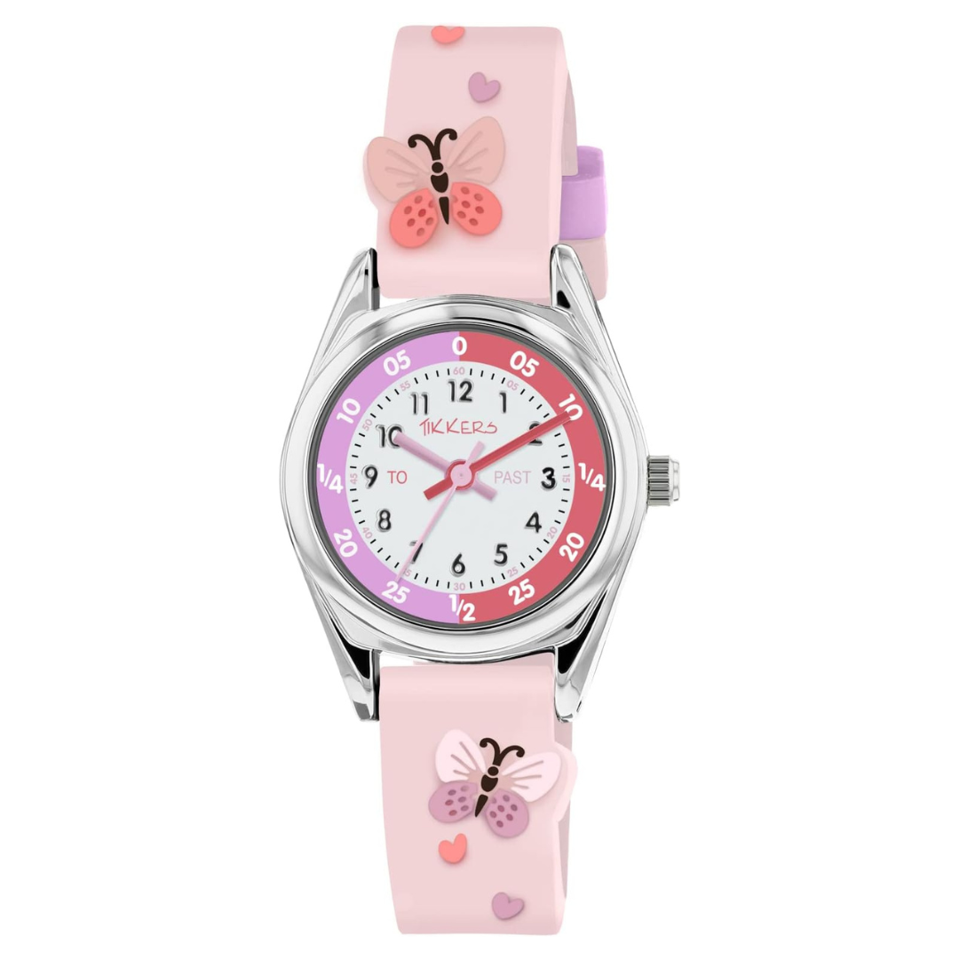 Tikkers Pink Strap Silver Time Teacher Butterfly Watch