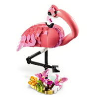 Side view of LEGO pink flamingo toy showcasing details and posability