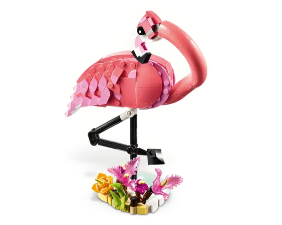 Side view of LEGO pink flamingo toy showcasing details and posability