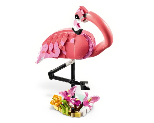 Side view of LEGO pink flamingo toy showcasing details and posability