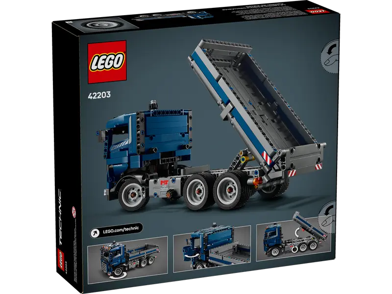 LEGO truck with working tipper mechanism in action.