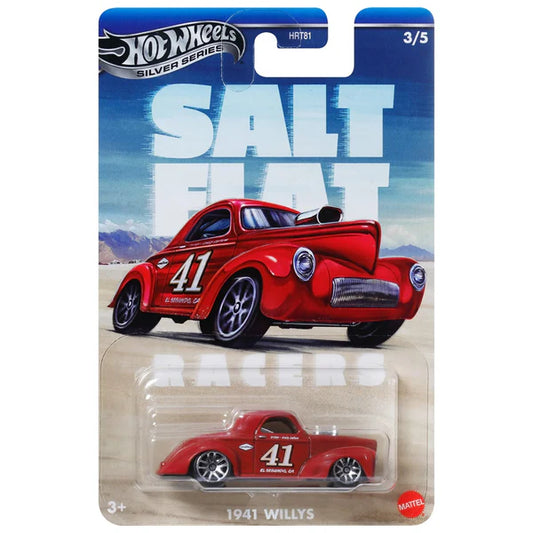 The iconic 1941 Willys in red from the Hot Wheels Salt Flat Racers 2025 collection, highly detailed.
