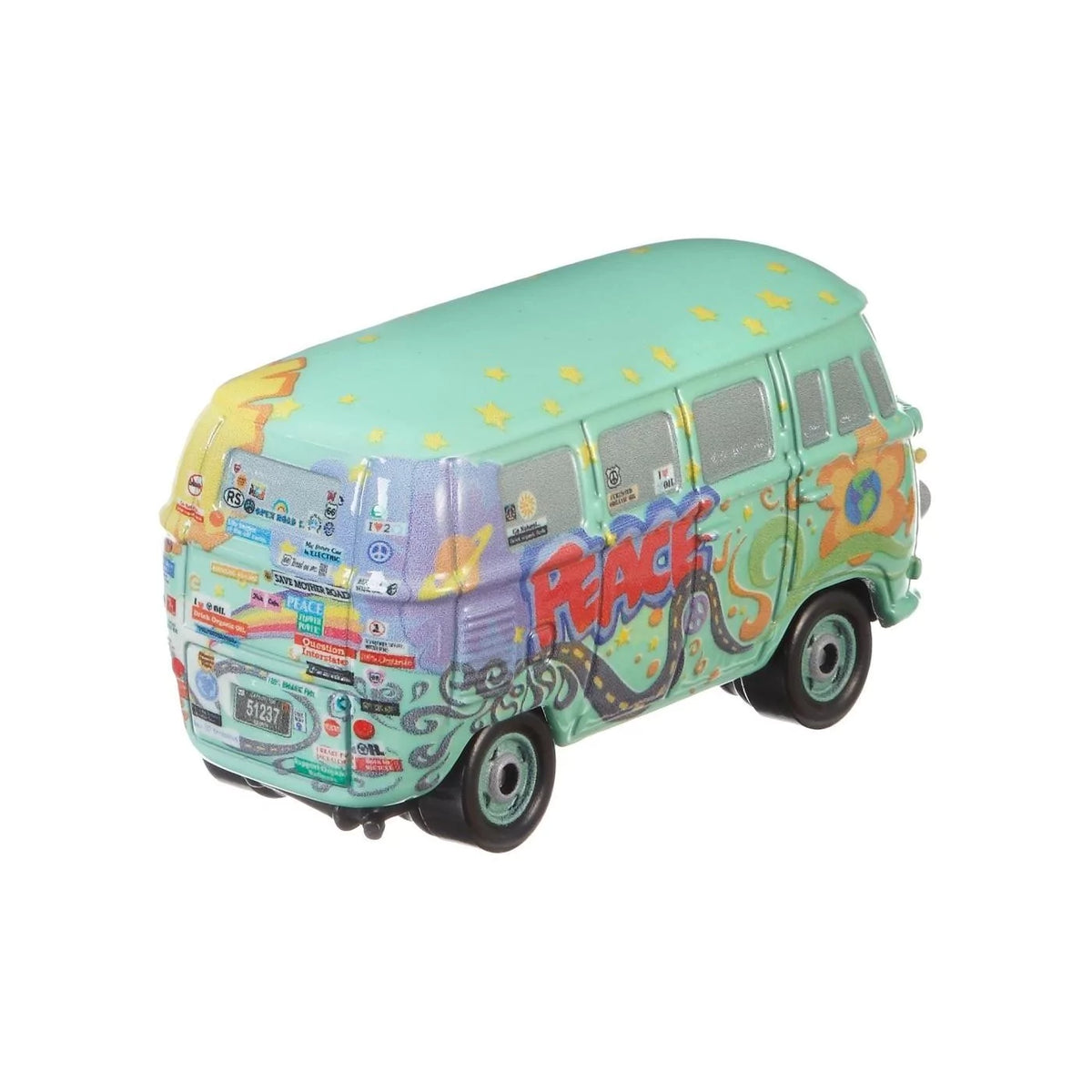 Close-up of Disney Pixar Cars: 3 Metal Fillmore toy vehicle, perfect for recreating movie scenes.
