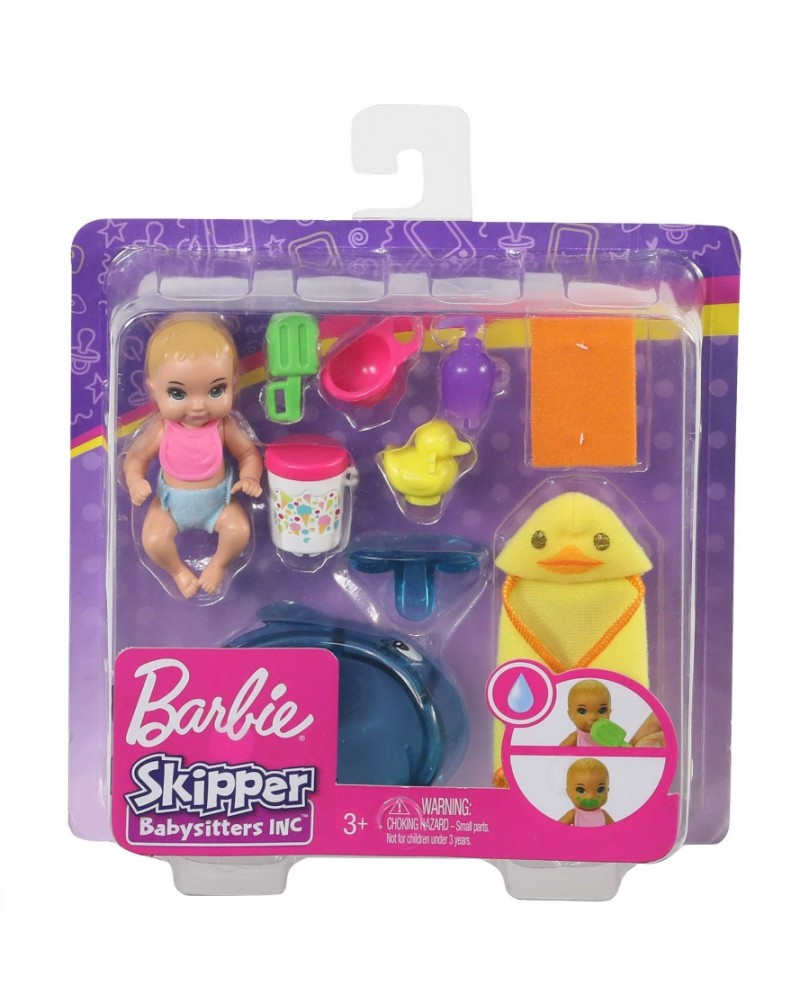 Barbie Babysitters Duck Towel set allows kids to care for a color-change baby doll with realistic accessories.
