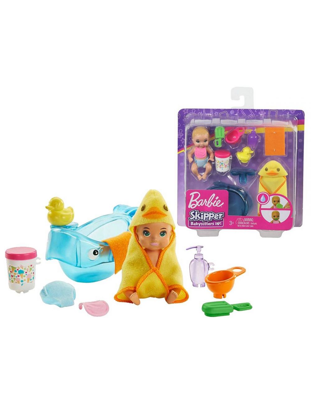 Barbie Babysitters Duck Towel set featuring a color-change baby doll, diaper bag, and feeding accessories.
