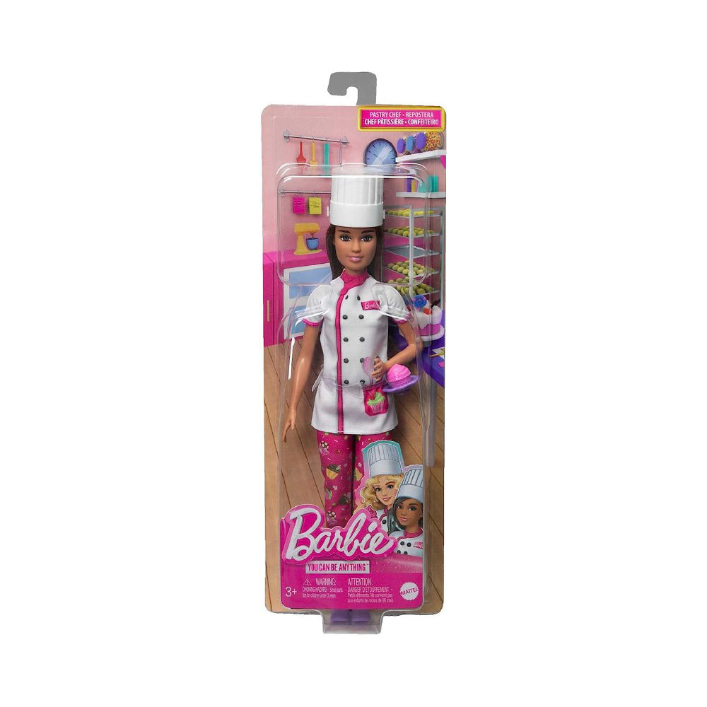 Barbie Chef Patisserie Doll is dressed like a real pastry chef, encouraging imaginative play.
