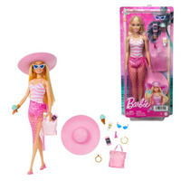 Blonde Barbie Doll with Swimsuit Beach-Themed, posed with ice cream in hand, a fun beach accessory for kids.
