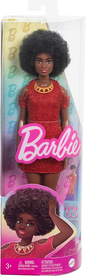 A detailed view of Barbie Fashionistas Doll #221, showcasing her chic red dress and natural black hair, a stunning addition to any toy collection.
