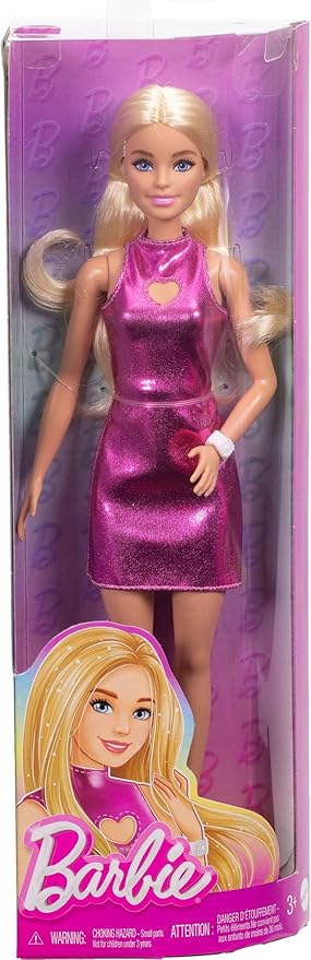 Barbie Fashionistas Doll #230 featuring a metallic pink minidress with a heart cut-out and heels.
