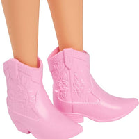 The stylish Barbie Fashionistas Doll #231, adorned with a purple hairstyle, denim dress, and pink accessories.
