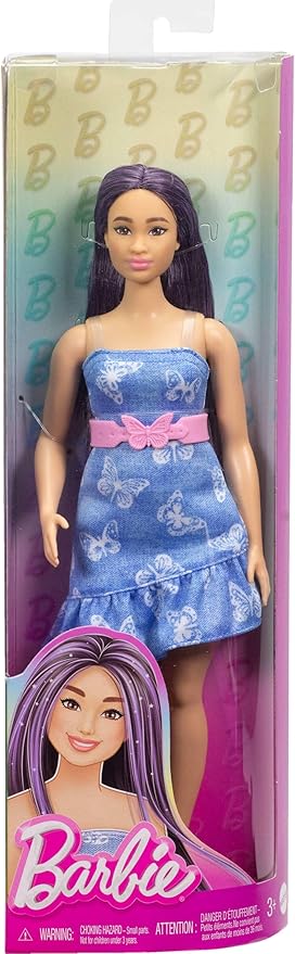 Barbie Fashionistas Doll #231, a stylish doll with purple hair and a trendy denim dress, pink belt, and boots.
