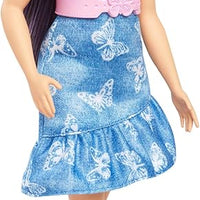 Barbie Fashionistas Doll #231 featuring purple hair, dressed in a denim butterfly-print dress, pink belt, and boots.
