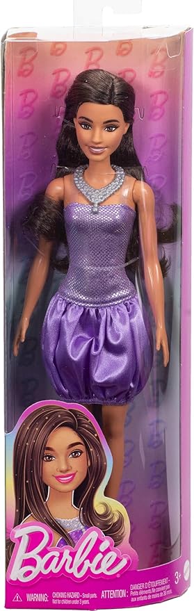 Close-up of Barbie Fashionistas Doll #234 wearing a stylish purple bubble dress and heels, complete with a silvery necklace.
