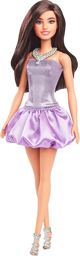 Barbie Fashionistas Doll #234 in a sequined purple bubble dress with brown hair and silvery accessories.
