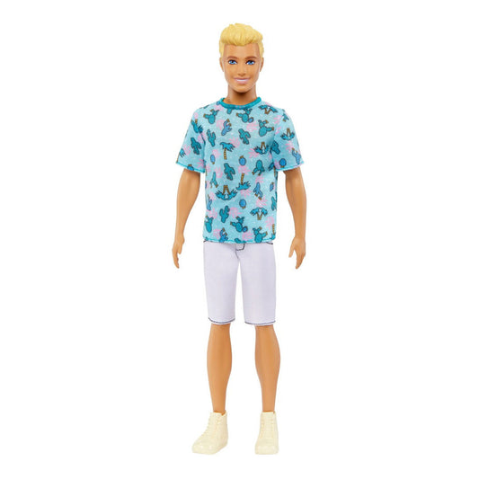 The Ken #211 doll features a tropical cactus design shirt and casual white shorts for a relaxed yet stylish look.
