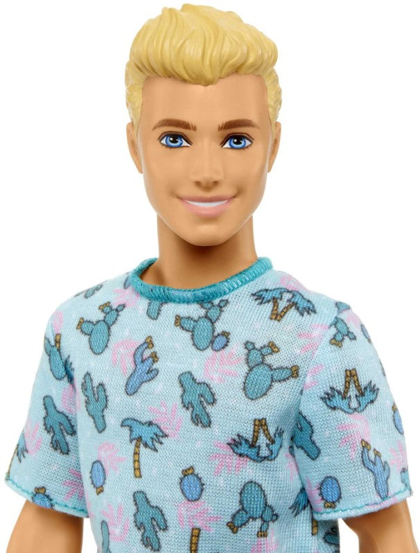 This Ken #211 doll is sporting a casual yet fashionable cactus and palm tree print tee with white shorts and sneakers.
