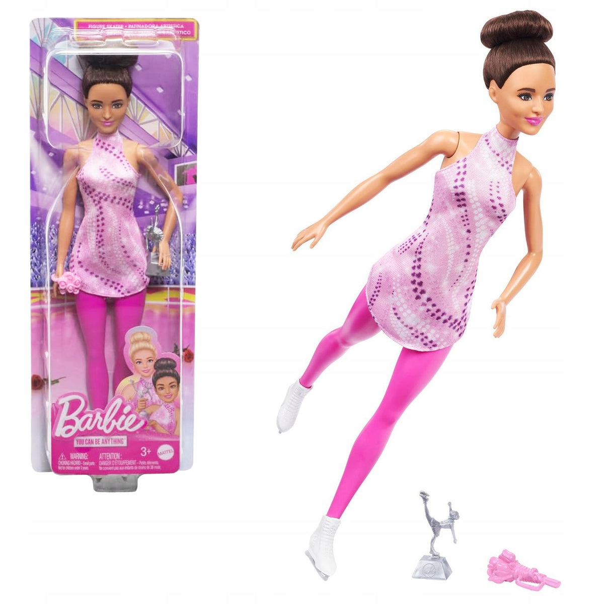 Barbie Figure Skater Fashion Doll dressed for rehearsal with detailed ice skates and accessories.
