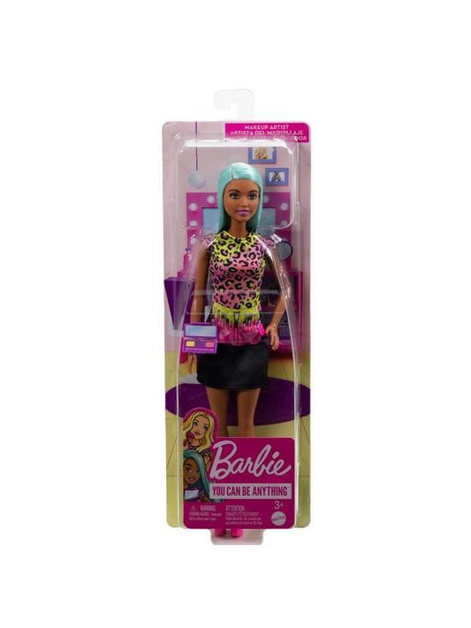 Barbie Makeup Artist Doll with Teal Hair inspires kids with her trendy outfit and hairstyling fun.
