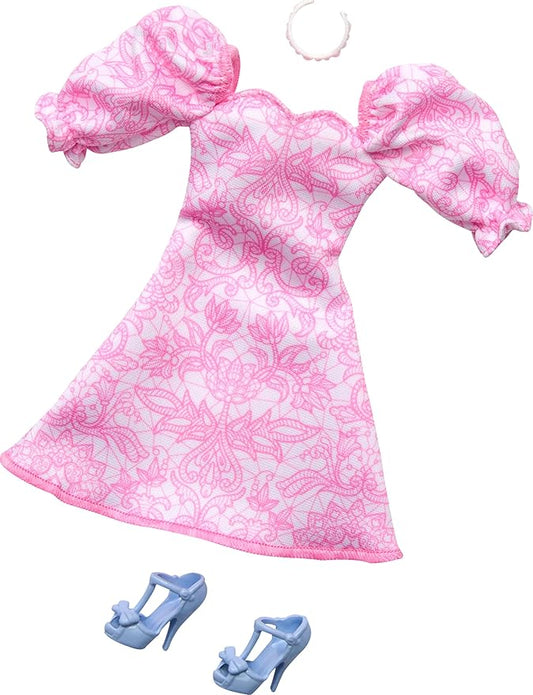 Stylish Barbie Fashion Pink White Dress set, including chic accessories.
