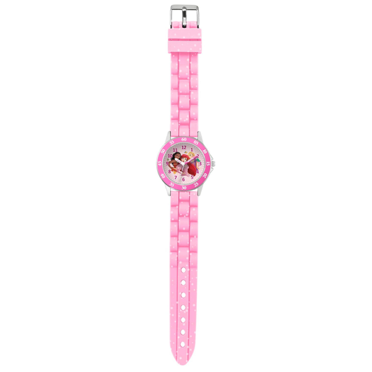 Disney Princess Kids Pink Time Teacher Analogue Watch with a pink silicone strap