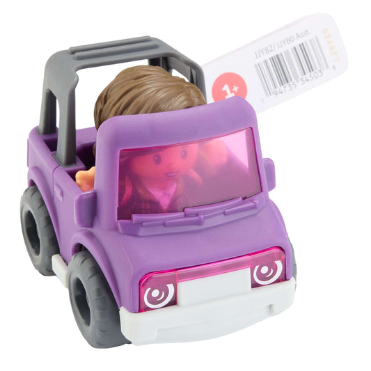 Fisher-Price Little People purple toy car with driver figure, angled view
