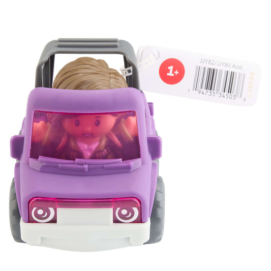 Front view of the Little People purple toy car and figure with swing tag