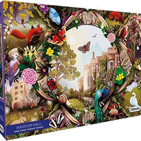 "Gibsons - Haddon Hall puzzle with premium quality pieces featuring a nature-filled scene of peacocks and butterflies."
