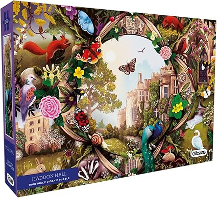 "Gibsons - Haddon Hall puzzle with premium quality pieces featuring a nature-filled scene of peacocks and butterflies."
