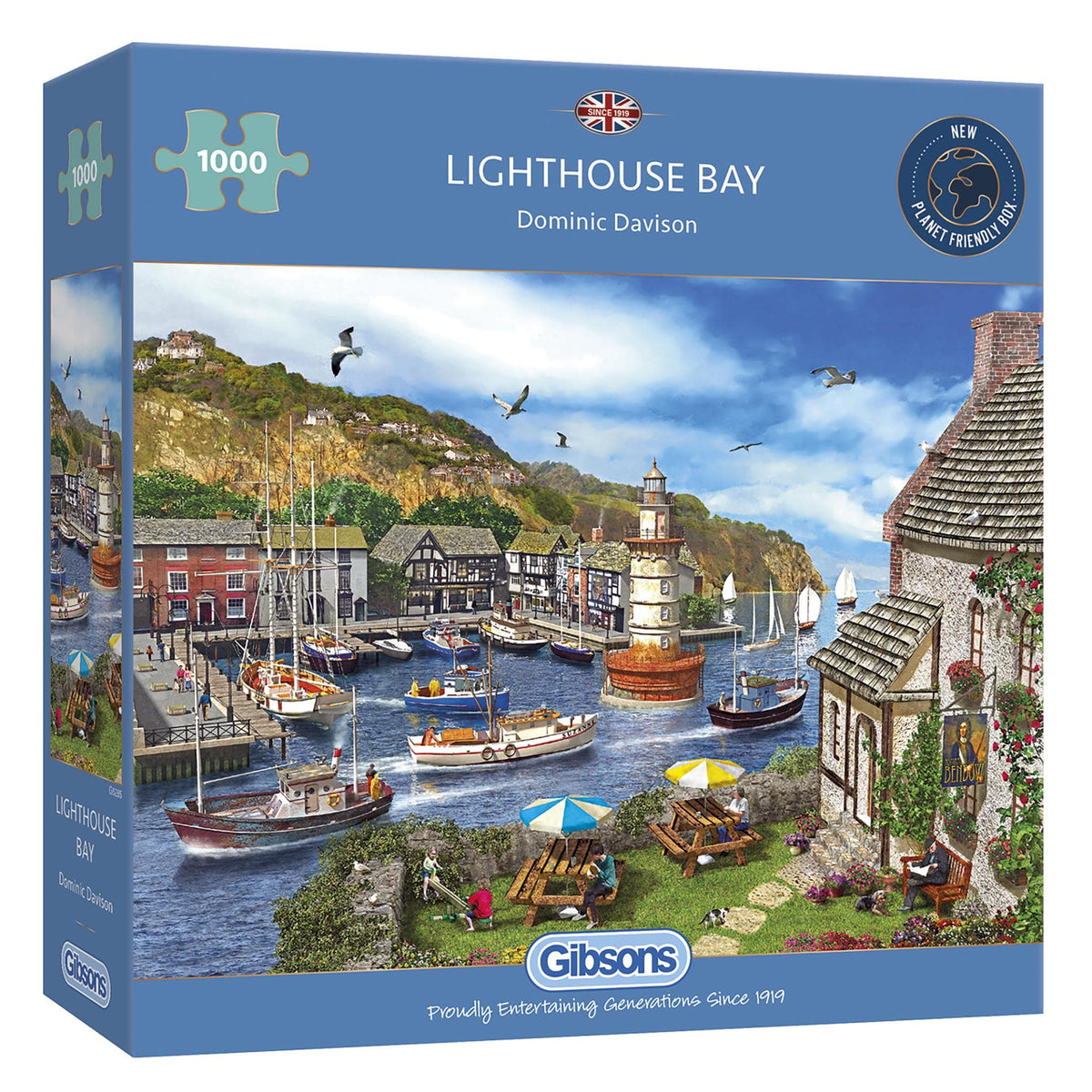 "Gibsons - Lighthouse Bay jigsaw puzzle featuring a harbor entrance guarded by a lighthouse."
