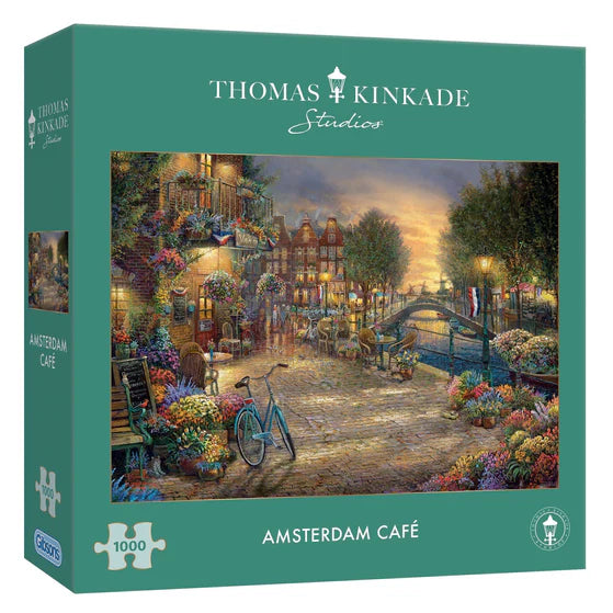 A 1000-piece puzzle by Gibsons, depicting a peaceful Amsterdam café at sunset, ideal for puzzle lovers.
