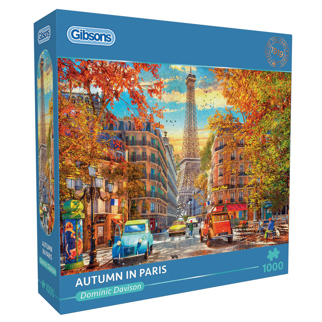 A peaceful Parisian street with an artist painting the scene in the Gibsons - Autumn in Paris 1000 Piece Jigsaw Puzzle.
