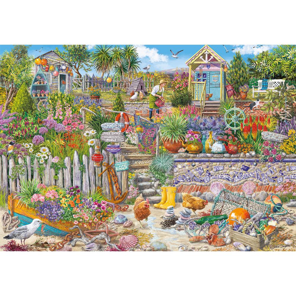 Enjoy assembling this charming 250XL piece puzzle of a garden complete with blooming flowers, playful hens, and a roaming cat, from Gibsons.
