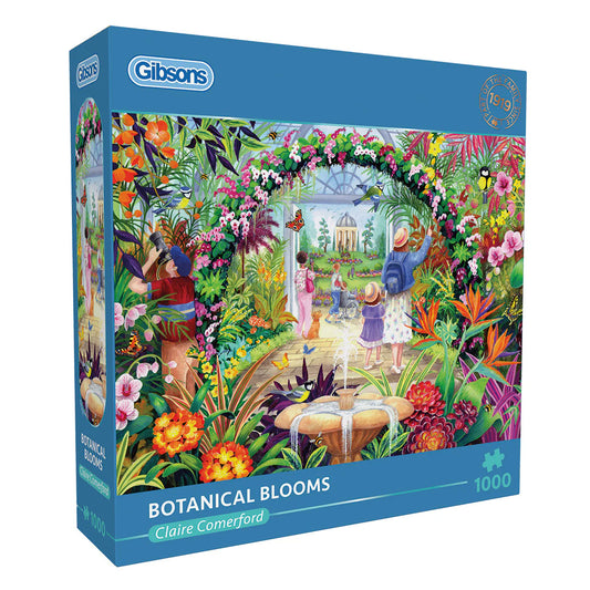 A beautifully illustrated Gibsons - Botanical Blooms 1000 Piece Jigsaw Puzzle with a peaceful greenhouse scene and exotic plants.
