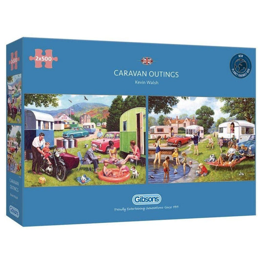 "Gibsons - Caravan Outings 2 x 500 Piece Jigsaw Puzzles featuring scenic views of 1960s Scottish caravan holidays."
