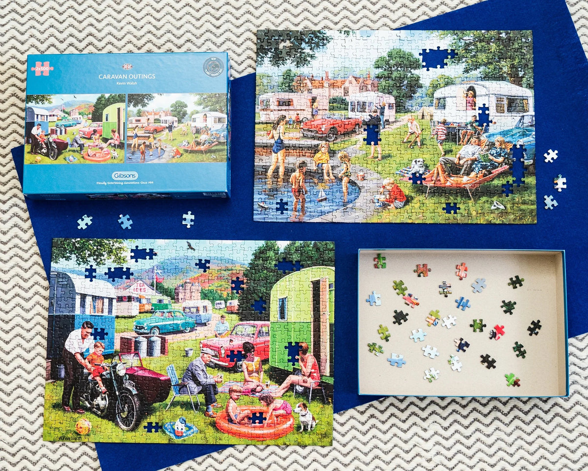 "Gibsons - Caravan Outings 2 x 500 Piece Jigsaw Puzzles with beautiful illustrations of the Highlands' landscapes."
