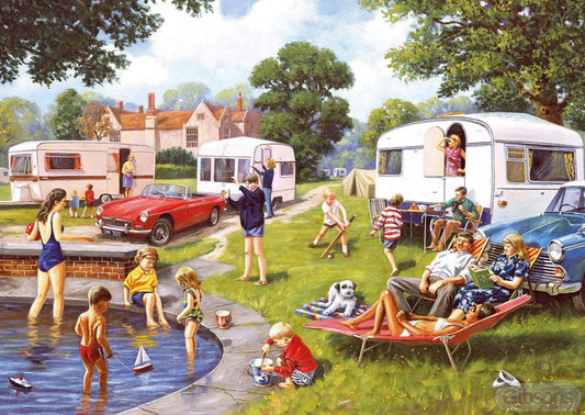 "Gibsons - Caravan Outings 2 x 500 Piece Jigsaw Puzzles showcasing the charm of caravan life in the Highlands."
