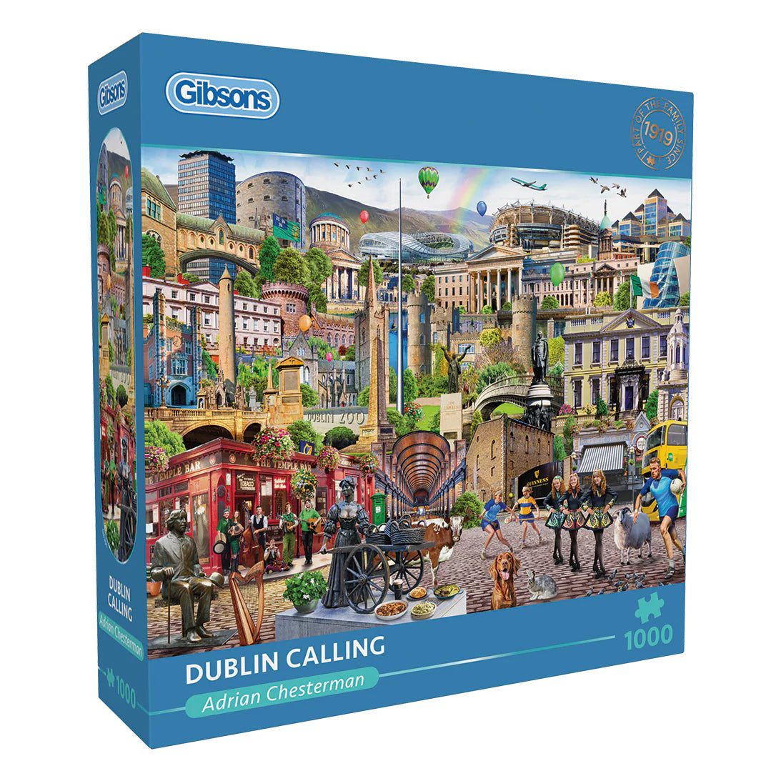 Gibsons - Dublin Calling puzzle featuring Dublin Castle and Irish dancers in a vibrant 1000-piece jigsaw.
