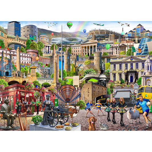 Explore the charm of Dublin with Gibsons - Dublin Calling, a colorful 1000-piece puzzle painted by Adrian Chesterman.
