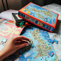 Bright and colorful 250-piece puzzle featuring Phil Dobson's Great Britain & Ireland Jigmap artwork.
