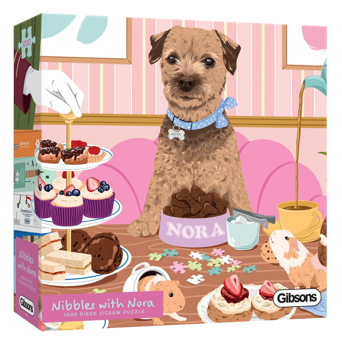 "A beautiful and fun-filled jigsaw puzzle of Nora the border terrier with tea treats, from Gibsons' White Logo collection."
