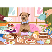 "Nibbles with Nora jigsaw puzzle from Gibsons capturing a cozy, heartwarming tea time with a border terrier dog and delicious treats."
