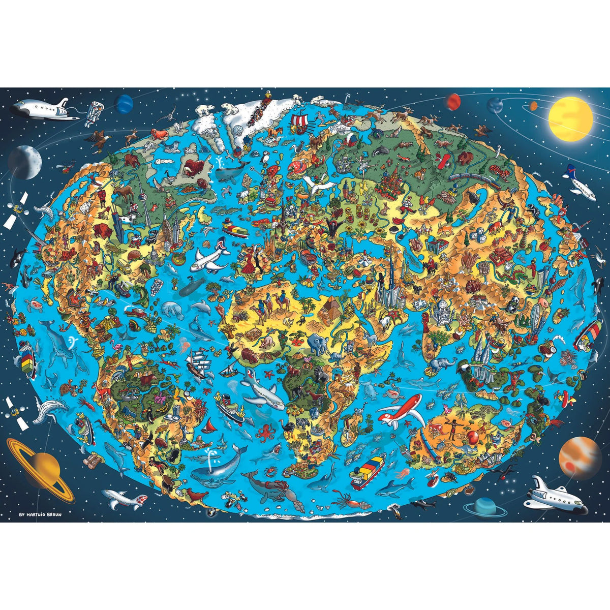 Gibsons - Our Great Planet 1000 Piece Jigsaw Puzzle features a detailed map of Earth’s wonders and diverse cultures.
