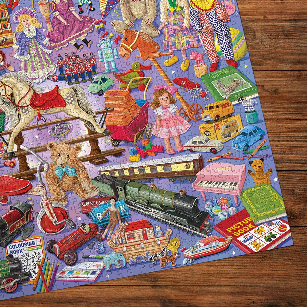 Gibsons - Playtime Favourites 1000 Piece Jigsaw Puzzle features a beautifully illustrated scene of vintage toys.
