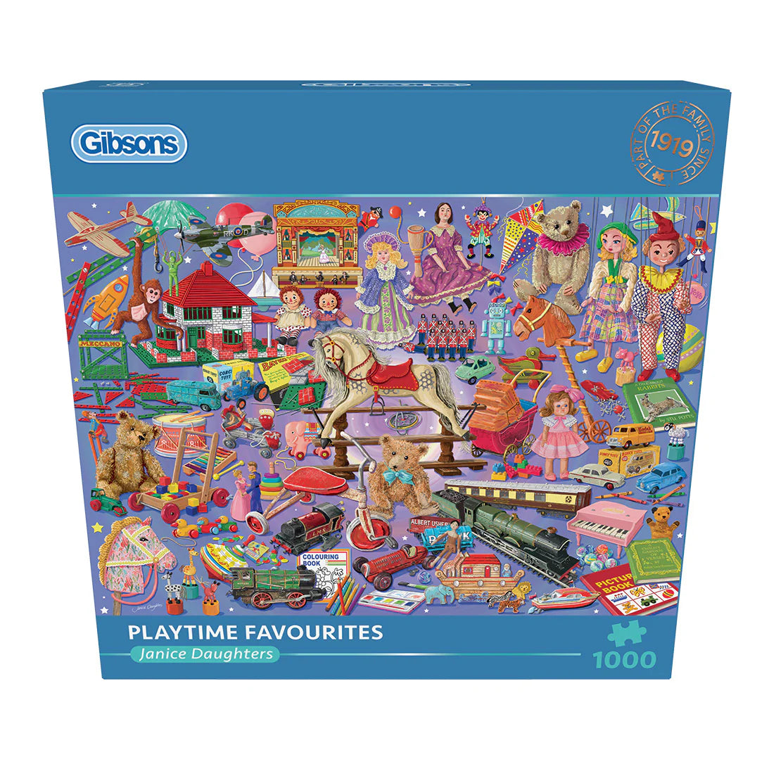 Gibsons - Playtime Favourites 1000 Piece Jigsaw Puzzle brings together rocking horses, dolls, and timeless games.
